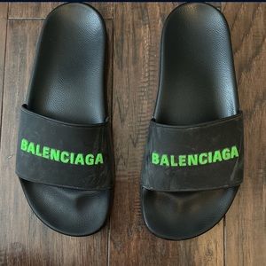 Women's  Balenciaga Rubber Logo Pool Slides.